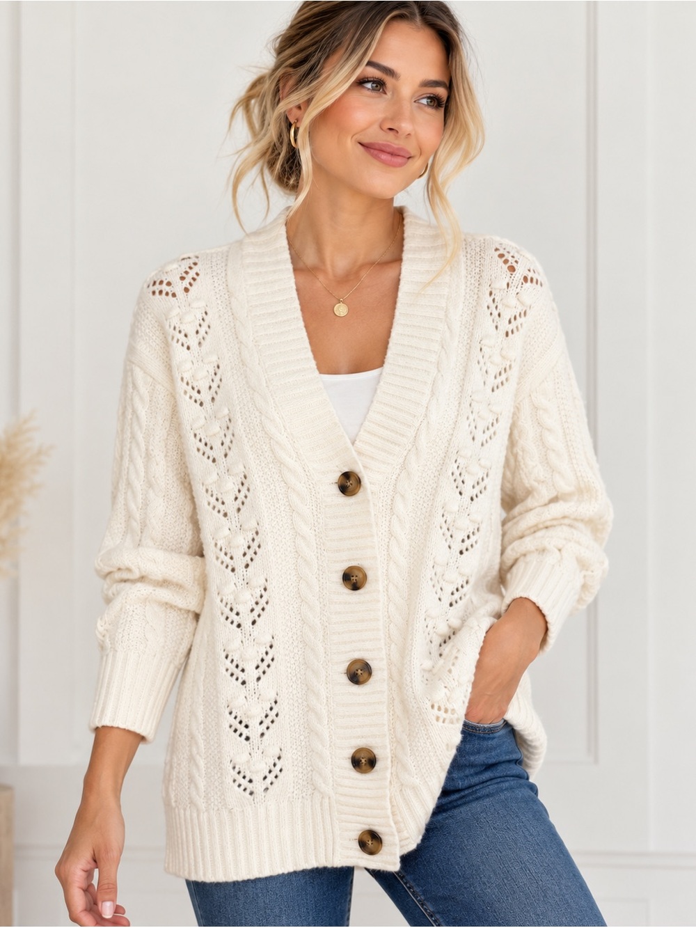 Ann Taylor Cream Cable Knit Button-Front Cardigan